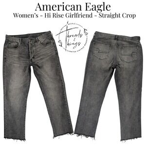 American Eagle Jeans Womens 12 Black Wash Hi Rise Girlfriend‎ Straight Crop 90's